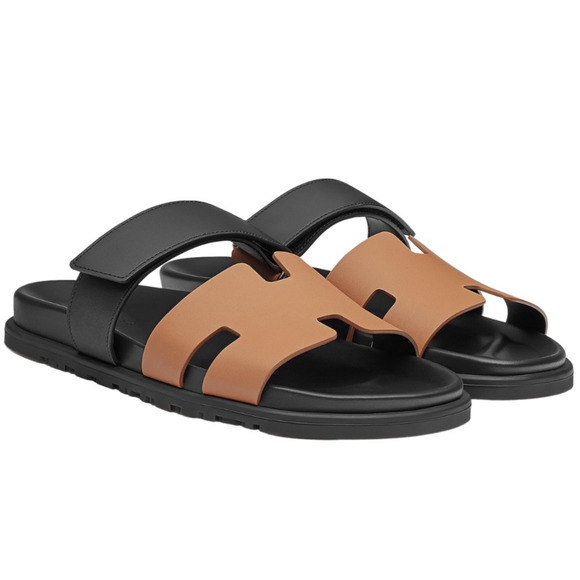 Hermes Chypre Sandal Mens Black Naturel Safari Leather H Logo Slide Flat 45 12 - Picture 1 of 13